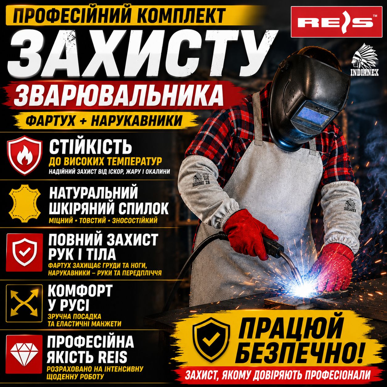 Комплект захисту зварювальника REIS — шкіряний фартух і нарукавники, білий фон
